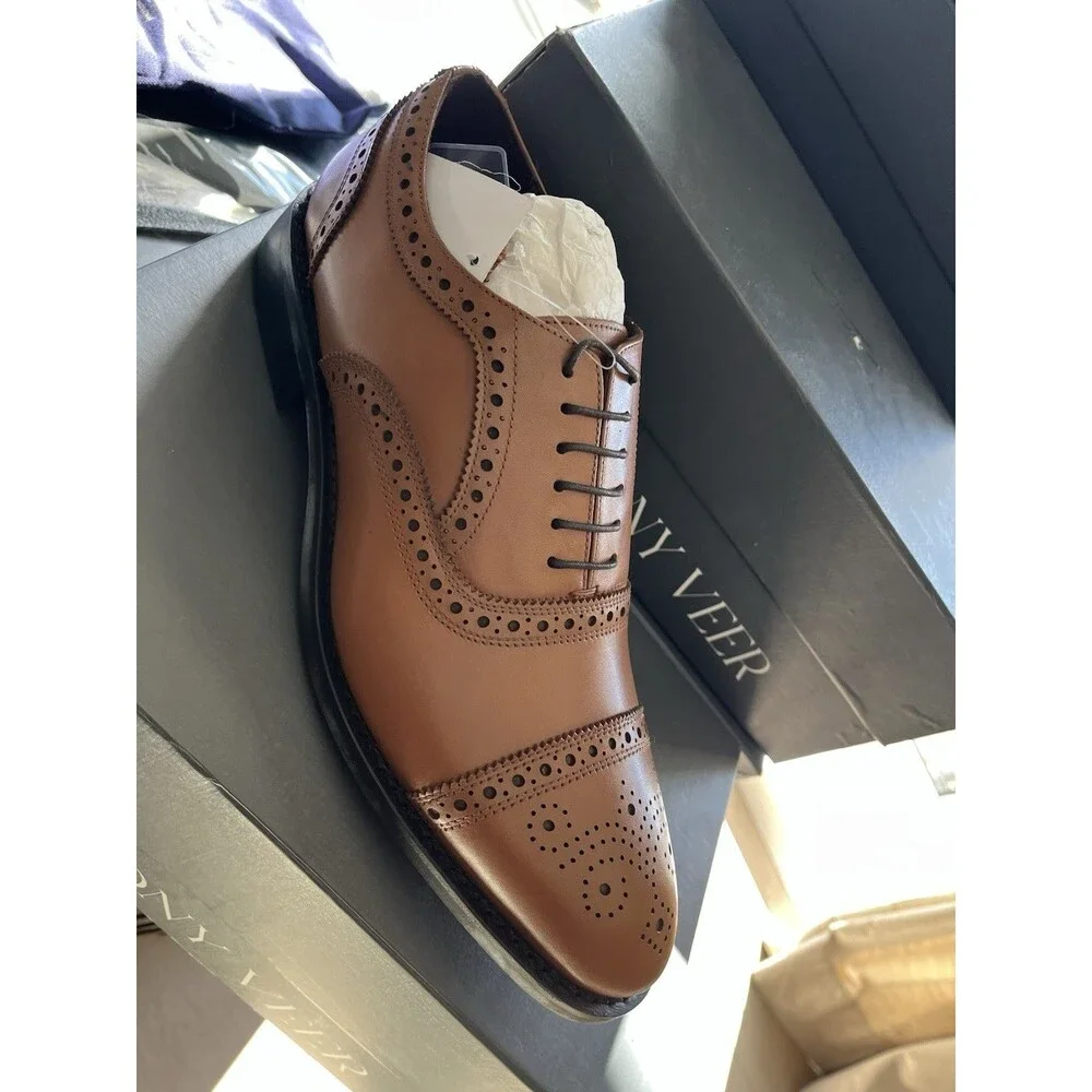 new Anthony Veer Ford Brogue Oxford Men 12 D TAN all leather dress shoes Lite